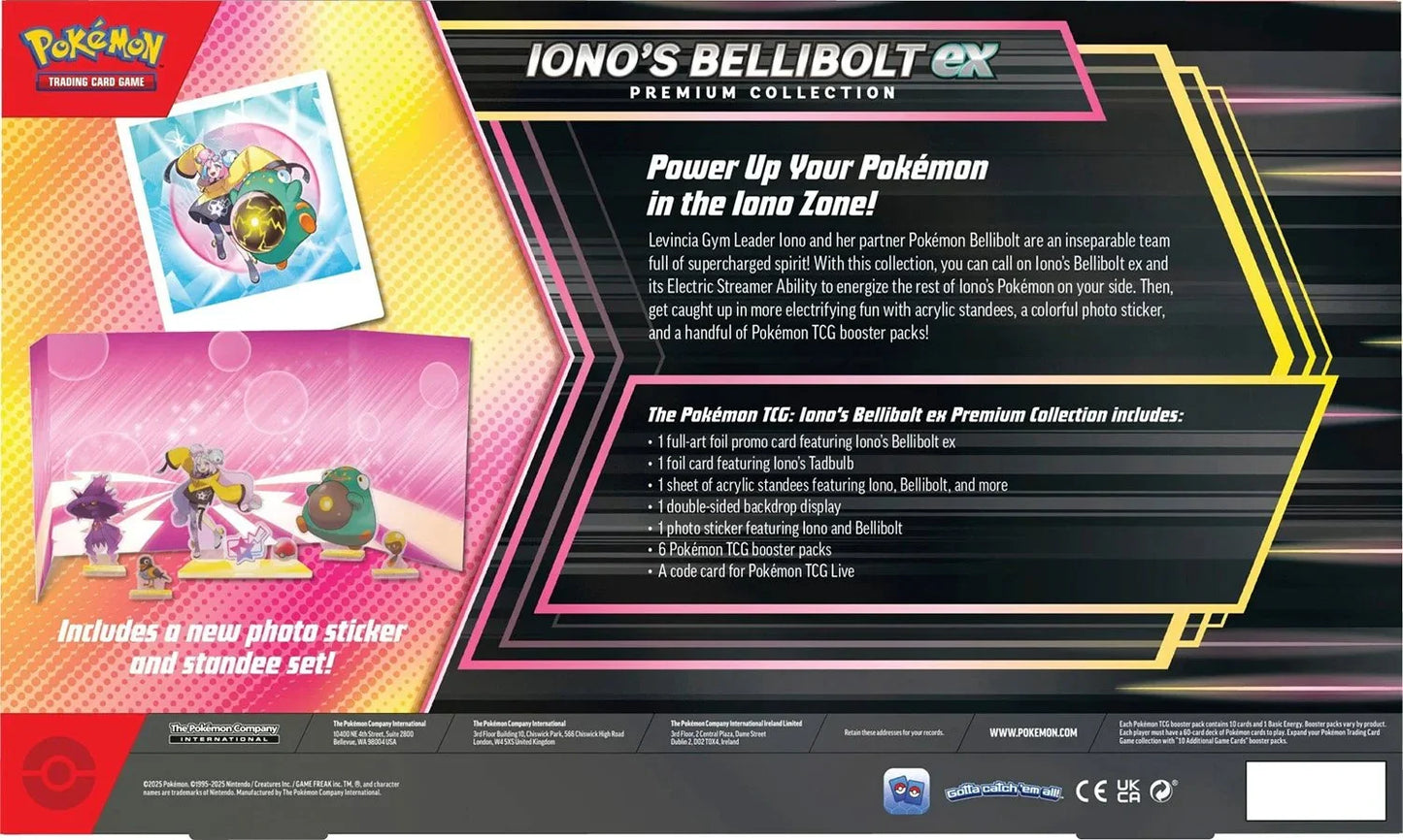Back of Iono's Bellibolt ex Premium Collection box showing Pokémon TCG contents, standees, and sticker.