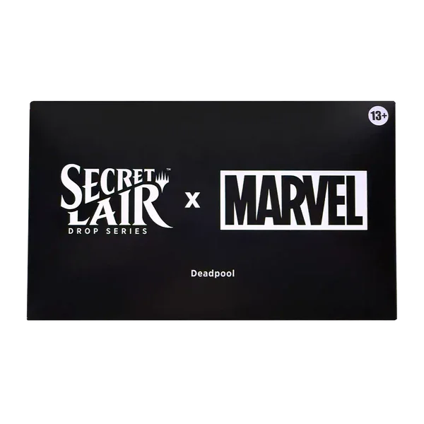 Secret Lair x Marvel Deadpool trading card game box, black packaging, age 13 plus