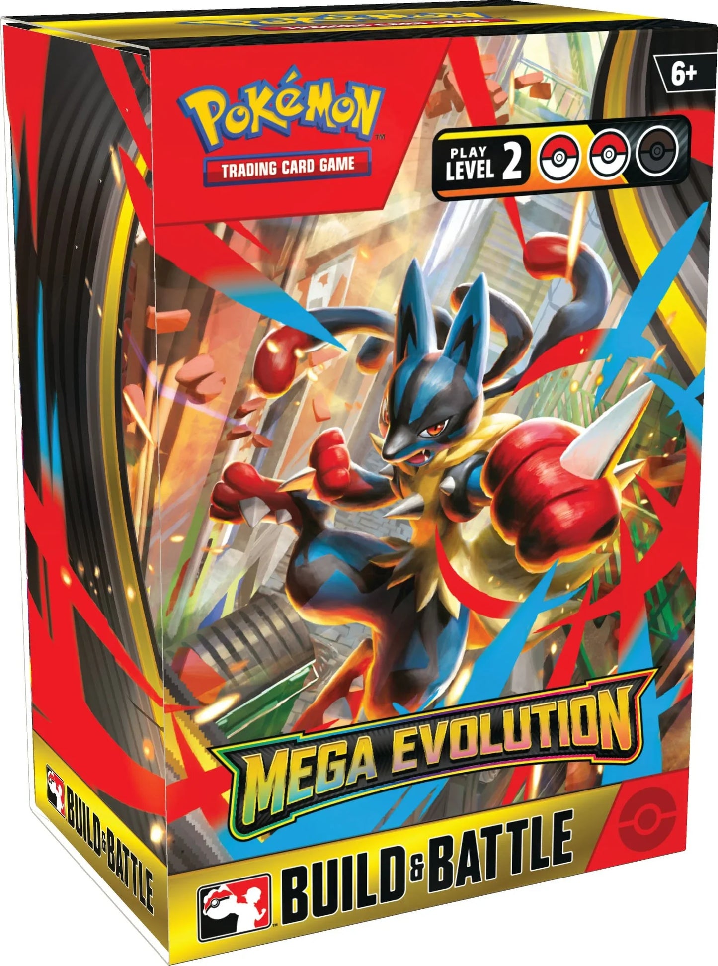 Pokemon Mega Evolution Build & Battle trading card game box featuring Lucario artwork