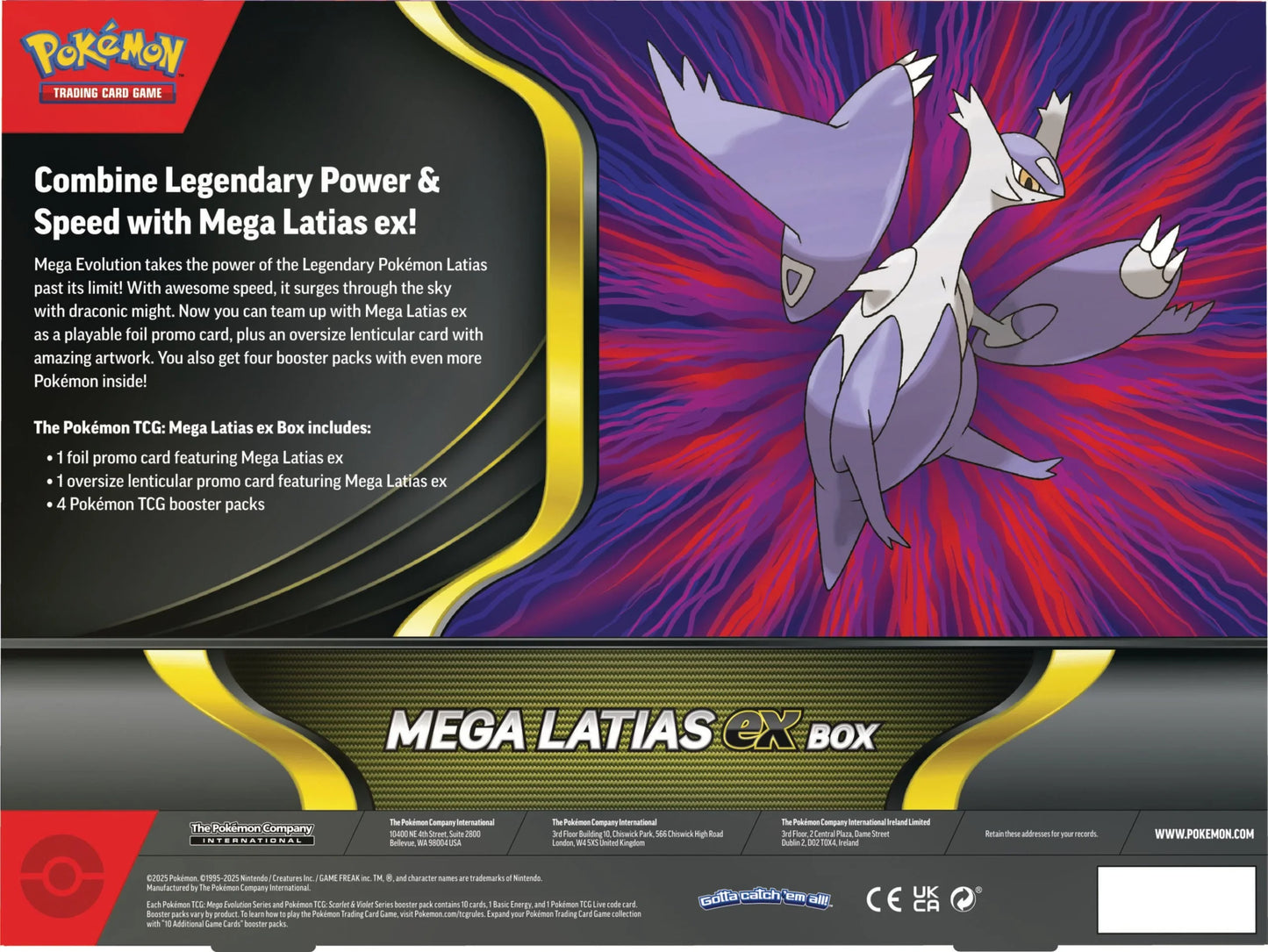 Back of Pokémon TCG Mega Latias ex Box featuring Mega Latias artwork, box contents listed.