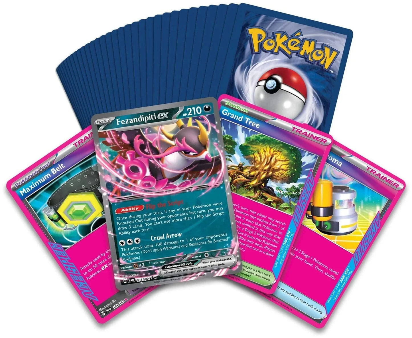 Pokemon card game deck with Fezandipiti ex card, Trainer and Item cards displayed