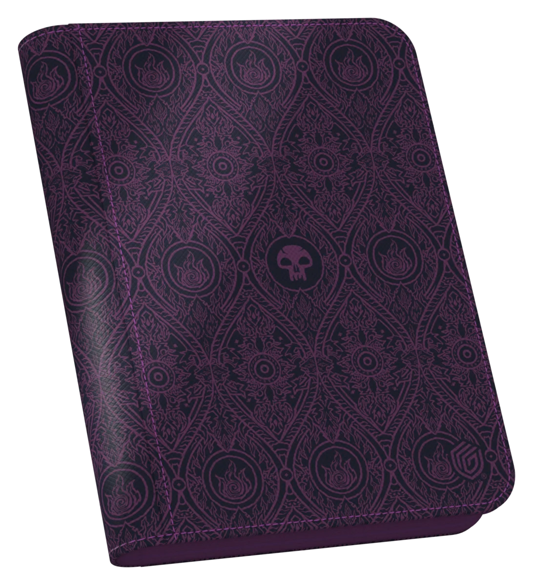 Purple card deck box with fantasy skull and flame designs, ideal for trading card games.