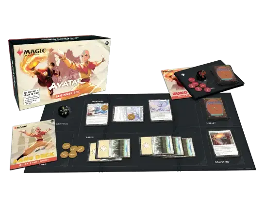 Avatar-themed Magic card game beginner box set with playmat, cards, tokens, and dice.