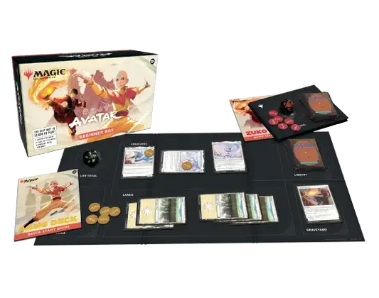 Avatar-themed Magic card game beginner box set with playmat, cards, tokens, and dice.