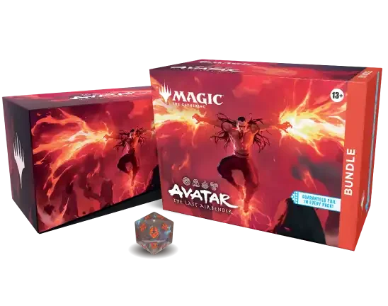 Magic The Gathering Avatar The Last Airbender bundle box with fiery illustration and dice