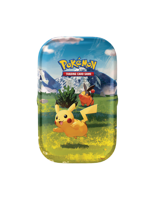 Pokemon Trading Card Game mini tin with Pikachu and Tepig artwork on grassy field background