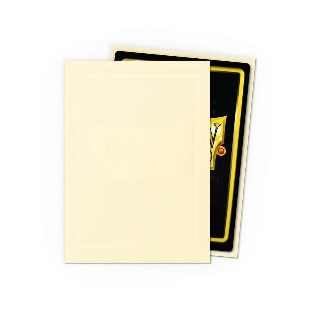 Matte card sleeves with an off-white front partially covering a game card on black background