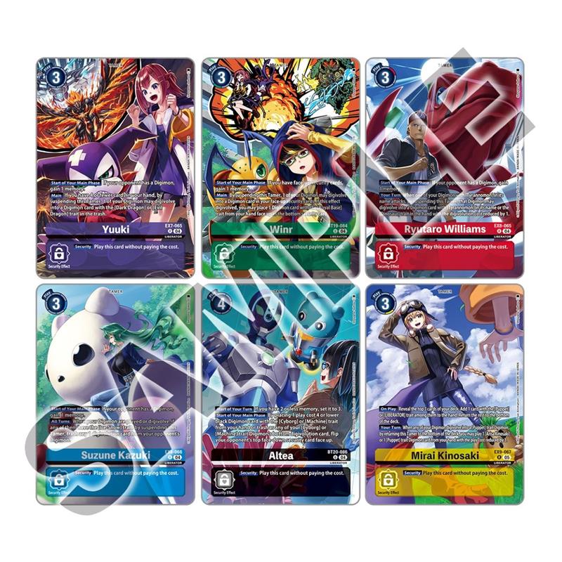 Six Digimon card game character cards displayed side by side, featuring colorful anime artwork.