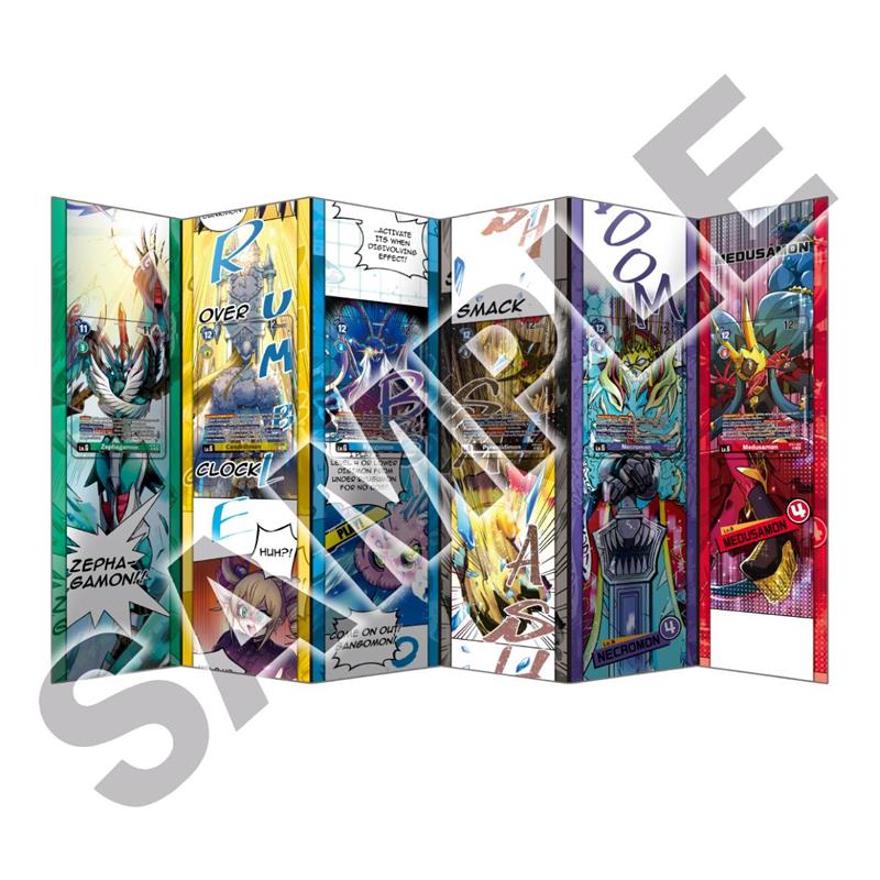 Colorful Digimon playmat with comic-style artwork and trading cards displayed.