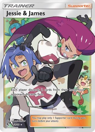 Jessie and James Pokémon trading card featuring animated Team Rocket duo in action pose
