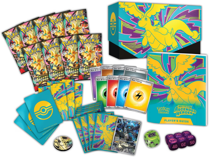 Pokemon TCG Ascended Heroes Elite Trainer Box with booster packs, energy cards, card sleeves, dice, coin, promo card, and player’s guide.