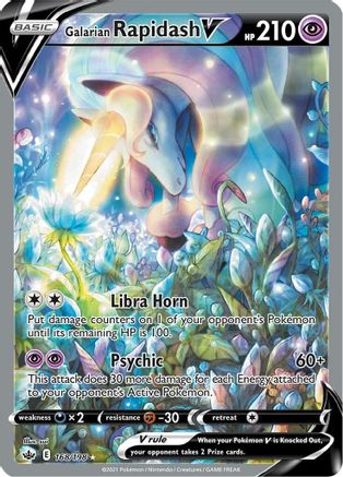 Galarian Rapidash V Pokémon trading card with fantasy artwork and game stats shown.