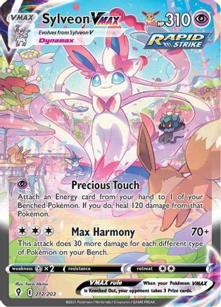 Sylveon VMAX Pokémon card featuring Rapid Strike, holographic artwork, and game stats.