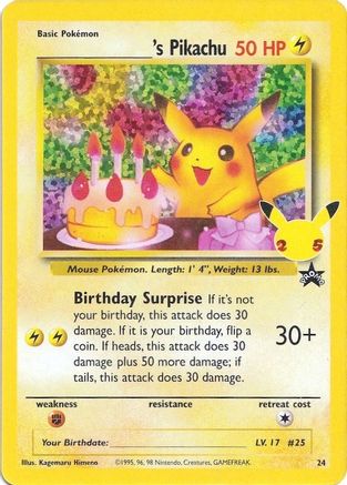 Vintage Pikachu trading card featuring a birthday cake, collectible card game item