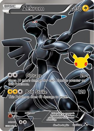 Zekrom Pokémon trading card featuring electric and dragon type, with special Pikachu stamp.