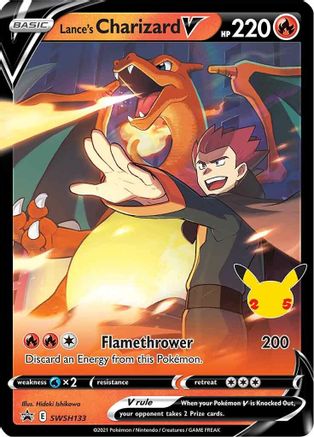 Lance’s Charizard V Pokémon card featuring Lance and Charizard with 220 HP and flamethrower attack