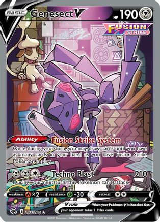 Genesect V Pokémon trading card featuring Fusion Strike, Techno Blast, and card details.
