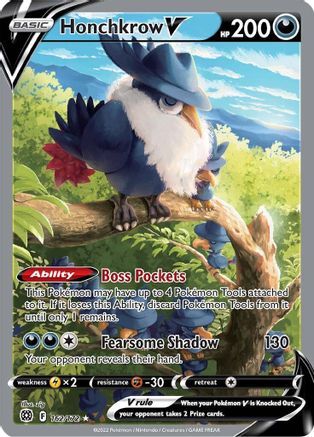 Honchkrow V Pokémon trading card with unique ability and illustrated bird character.