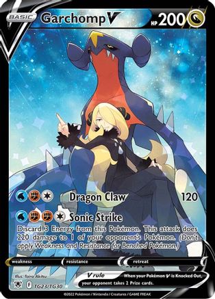 Garchomp V Pokémon card featuring Garchomp and Cynthia, trading card game art.