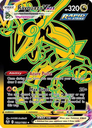 Rayquaza VMAX Rapid Strike Pokémon trading card holographic with gold and green artwork.