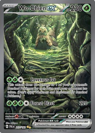 Wo-Chien ex Pokémon card with forest background, green tones, collectible trading card