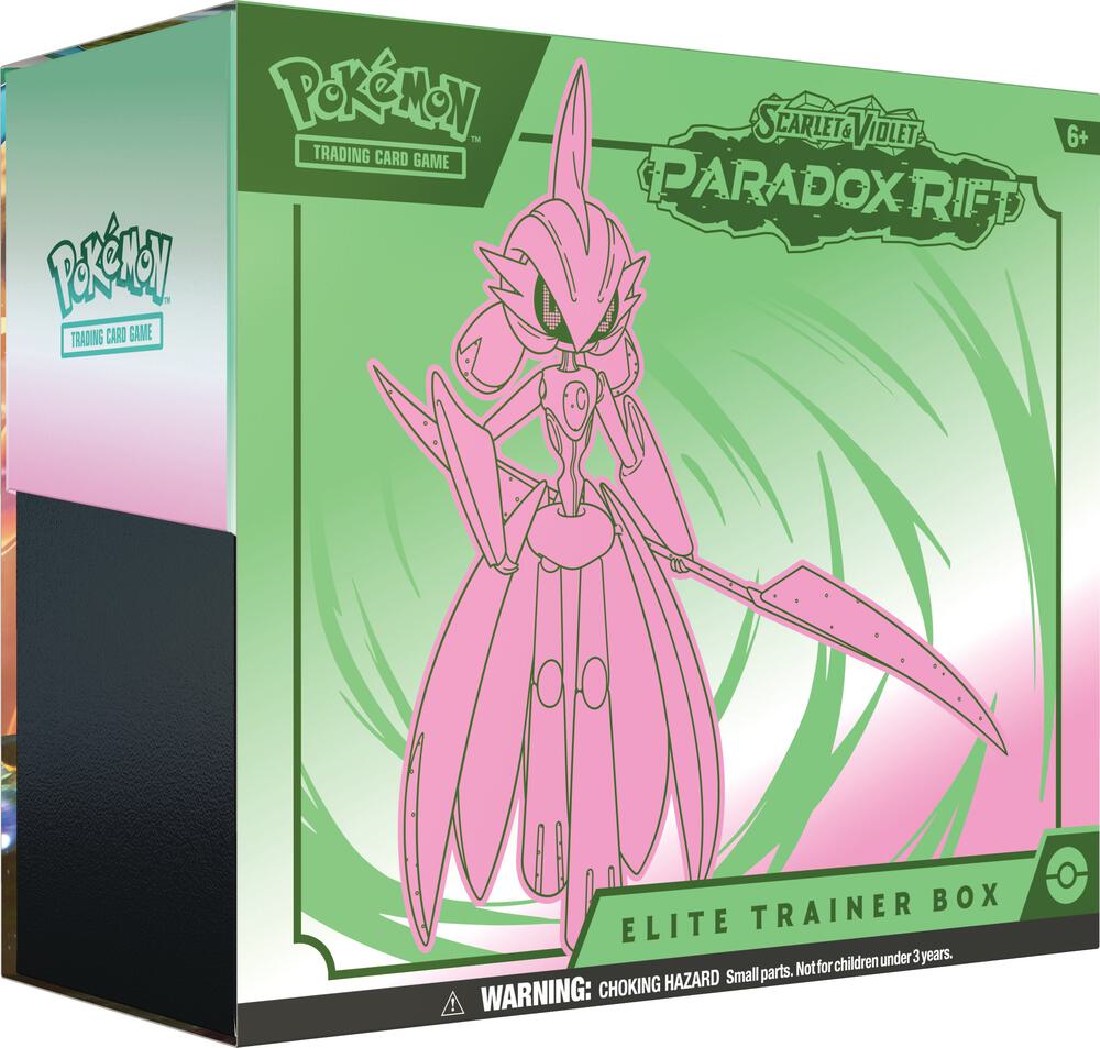 Pokémon Paradox Rift Elite Trainer Box featuring pink Iron Valiant on green packaging