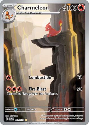 Charmeleon Pokémon card with fiery canyon artwork, displaying moves Combustion and Fire Blast.