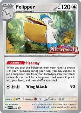 Pelipper (Prerelease) [Staff] 022  - Holofoil SV Scarlet & Violet Promo Cards - Promo