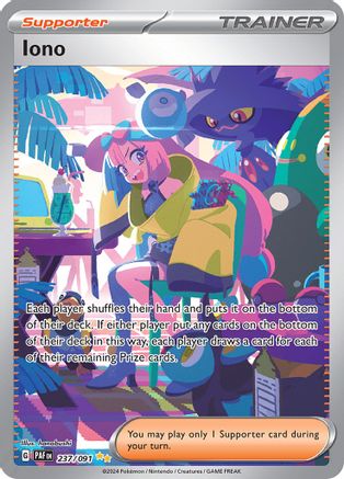 Iono Pokémon trading card featuring colorful anime character and Gengar in a vibrant room setting.