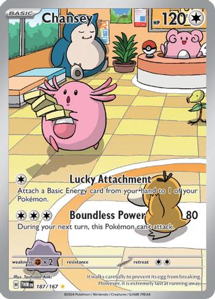 Chansey Pokémon trading card with game stats and cartoon art, collecting eggs in a bright room.