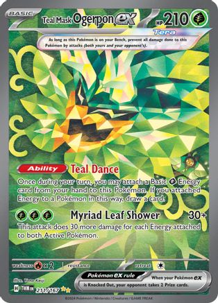 Teal Mask Ogerpon ex Pokémon card with green leaf pattern, abilities, and stats visible.