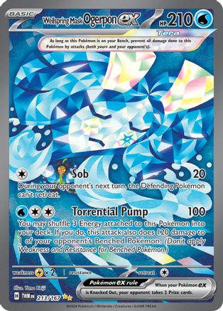 Wellspring Mask Ogerpon ex water-type Pokémon card with blue crystal design, HP 210, holographic finish