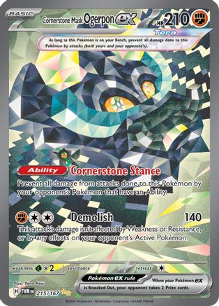 Ogerpon ex Cornerstone Mask Pokémon trading card with vibrant crystalline background