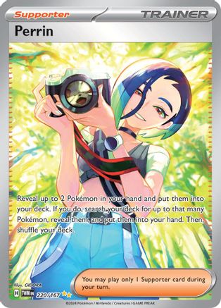 Perrin full art Supporter card from Pokemon TCG, female character with camera in nature scene