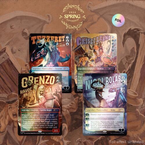 Four Magic The Gathering foil cards, including Tezzeret, GRENZO, CriserBanno, and Nicol Bolas, displayed with fantasy artwork and a 2024 Spring promotional badge.
