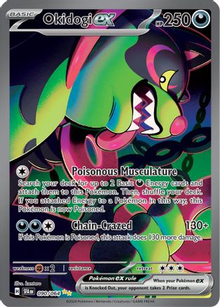 Okidogi ex Pokémon trading card with colorful artwork, attack details, and game stats.