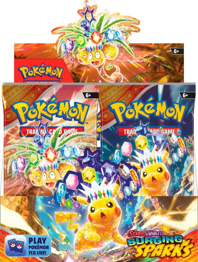 Colorful Pokémon trading card game Scarlet & Violet Surging Sparks packs featuring Pikachu and Exeggutor.