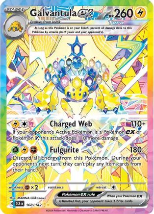 Galvantula ex rare holographic Pokémon card with vibrant rainbow background and lightning details