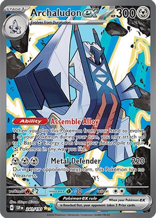 Archaludon ex Pokémon card with metallic robot dragon and game abilities text