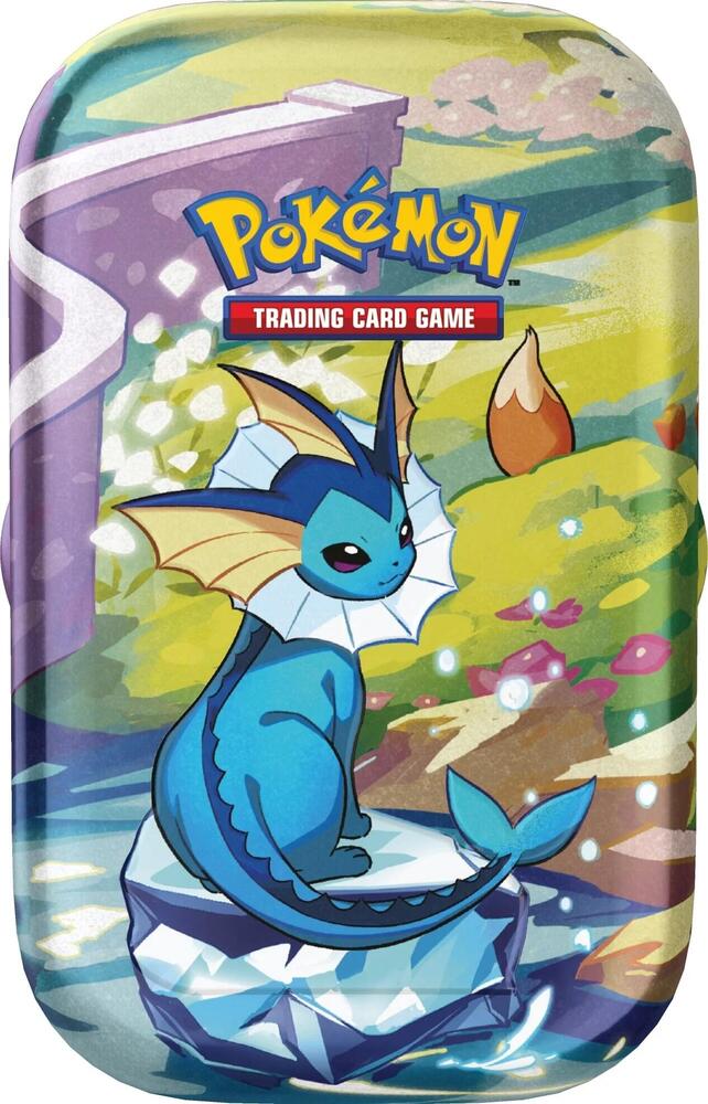 Vaporeon Pokémon tin with colorful nature design for Pokémon Trading Card Game collectors