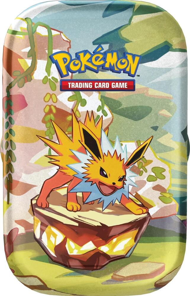 Pokemon Trading Card Game tin featuring Jolteon artwork in a colorful outdoor setting