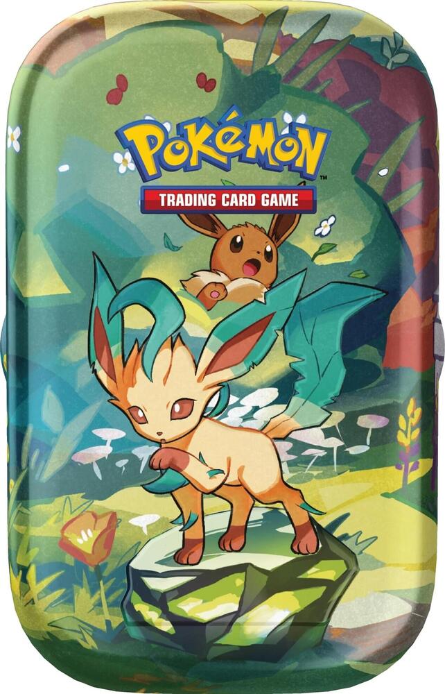 Pokémon Trading Card Game tin featuring Leafeon and Eevee in a vibrant forest scene