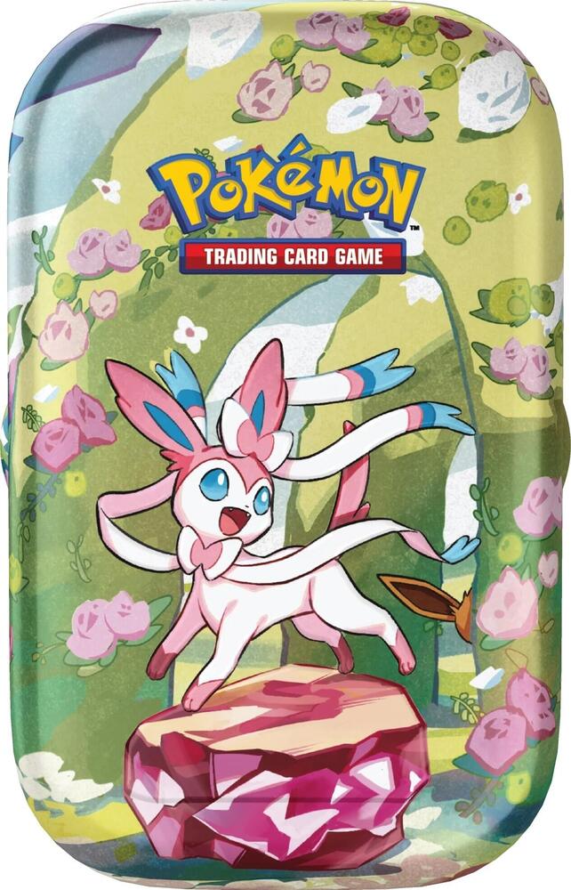 Pokemon Trading Card Game tin featuring Sylveon on a pink gemstone with floral background