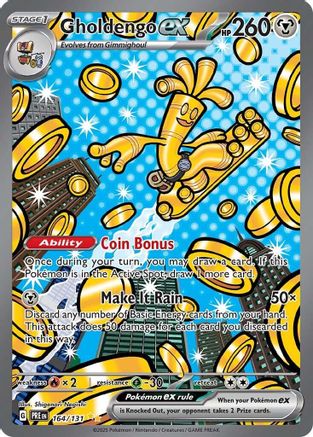 Gholdengo ex Pokémon card with golden figure, blue star background, collectible card game