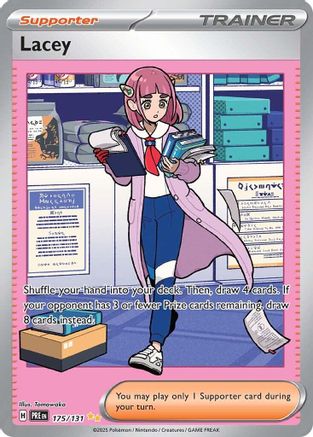 Lacey Pokémon card featuring a female character in school uniform holding books and papers in an office.