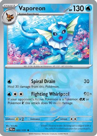 Vaporeon Pokémon card featuring aquatic design, attack stats, and game text for trading card play