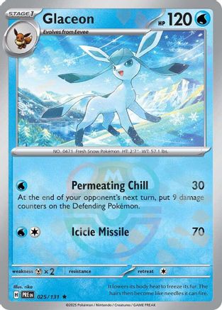 Glaceon Pokémon card featuring the ice-type character with blue and white design, 120 HP, and ice-themed attacks.