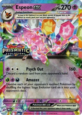 Espeon ex Prismatic Evolutions Pokémon card with holographic artwork and attack details