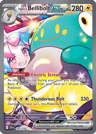 Iono's Bellibolt ex Pokémon trading card with Electric and Thunderous Bolt abilities