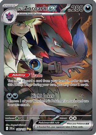 N's Zoroark EX Pokémon card with holographic artwork, abilities, and stats visible.